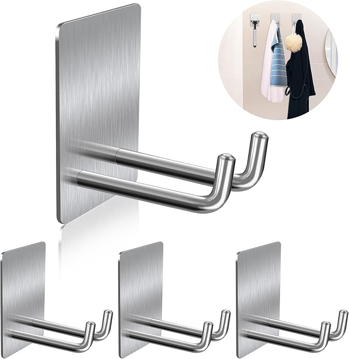 Adhesive Hooks, Stick on Stainless Steel Towel Robe Razor Wall Hooks for Bathroom Kitchen, Sticky Heavy Duty Durable Shower Hangers for Hanging Hat Coat Key 4-Pack (Silver)