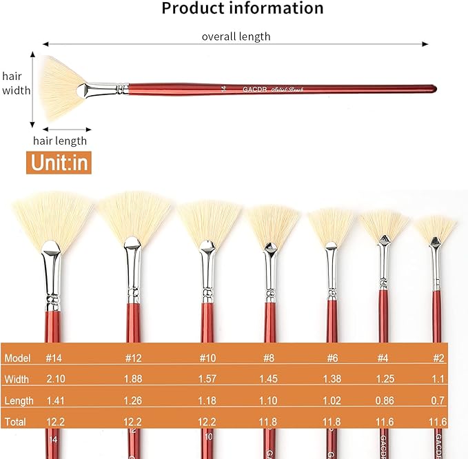 Fan Brush for Painting, 7 Pieces Fan Brush Set with Hog Bristle Natural Hair and Long Wood Handle, Professional Artist Fan Brushes for Acrylic Painting,Oil Watercolor Painting