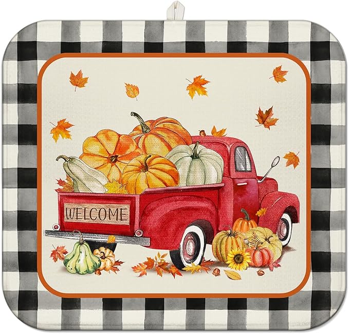 Fall Dish Drying Mat for Kitchen Counter,Autumn Buffalo Plaid Truck Pumpkin Pattern Microfiber Drying Mat,Washable Absorbent Kitchen Countertop Harvest Thanksgiving Dish Mat Drain Mat,16x18 Inch
