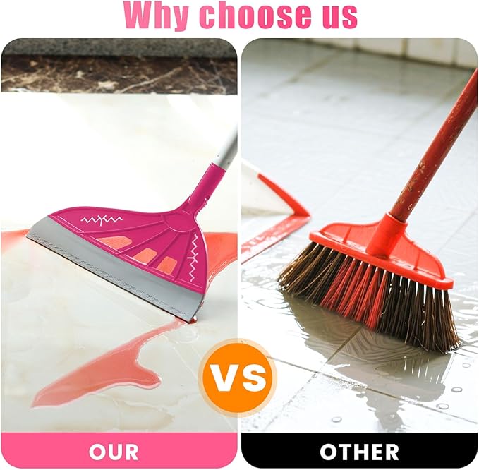 Magic Broom Sweeper, Multifunction Replaceable Silicone Broom, Household Squeegee for Floor Cleaning, Bathroom, Pet Hair, Dog Broom Brush Set (Bright Pink)