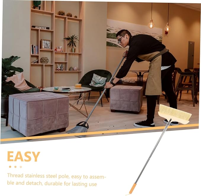 Natural Bristle Broom Soft Floor Brush Stainless Steel Pole Home Cleaning Tool