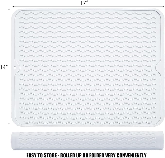 Large 17" x 14" Silicone Dish Drying Mat for Kitchen Counter, Easy clean, Quick Dry, Heat-resistant Dish Drainer Mat for Sink,Refrigerator or Drawer liner (Food Grade Silicone-Translucent)