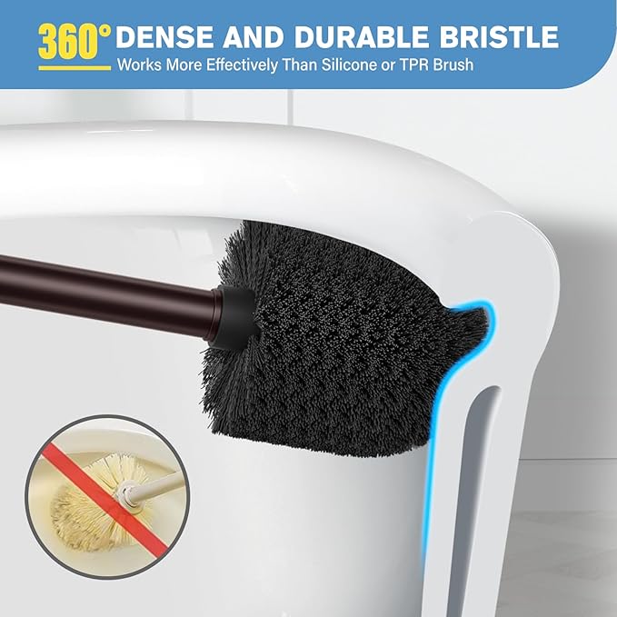 UPTRONIC Toilet Brush, Aluminum Alloy Toilet Brush and Holder Set with Long Handle Durable Bristles Toilet Bowl Brush and Covered Holder for Toilet Scrubber for Bathroom Cleaning (1, Brown)