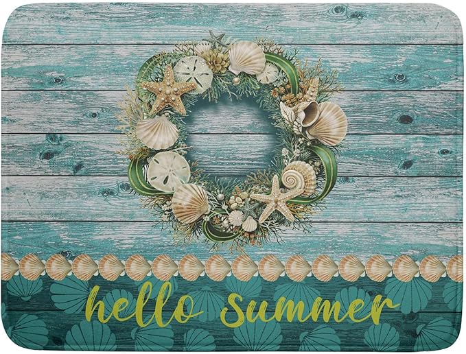 Hello Summer Dish Drying Mat for Kitchen Counter,Sea Shell Starfish Coastal Wreath Drying Mat 18 x 24 Inch with Absorbent Reversible Microfiber Drying Pad for Coffee Bar
