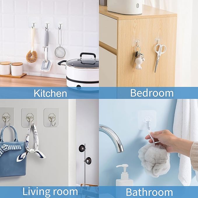 Wall Hooks - 33 lbs Max, Transparent, Seamless, Waterproof & Oilproof - Heavy Duty Adhesive Coat & Towel Hooks(20 Pack)