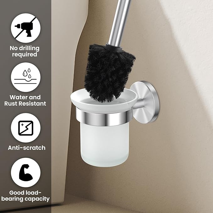 Dailyart Toilet Brush Holder Set: 2 Pack Bathroom Deep Cleaning - Stainless Steel & Glass Toilet Cleaner with Ergonomic Design - No Drilling Wall Mounting