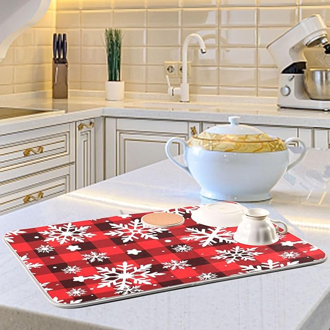 Snowflakes Christmas Checkered Plaid Dish Drying Mat for Kitchen Counter Absorbent Microfiber Drying Pad, Large 18x24 in