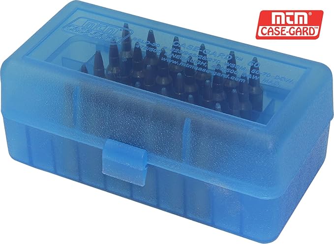 MTM 50 Round Flip-Top Rifle Ammo Box WSSM, 500 S&W (Clear Blue) , 2.46-Inch