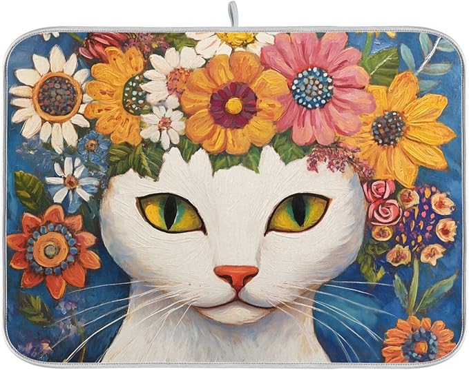 White Cat Colorful Flowers Pattern Dish Drying Mat for Kitchen Counter Super Absorbent Drying Mat 18x24 inch Large Dish Drying Matts for Countertop Protector Dishes Pad