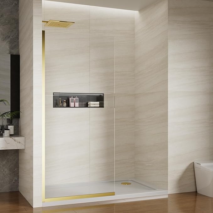 Shower Screen 36" x 76" Half Frameless Shower Wall Panel, Tempered Glass 3/8 inch, Easy to clean Coating, Fixed Glass Shower Door with Hardware (Brushed Gold)