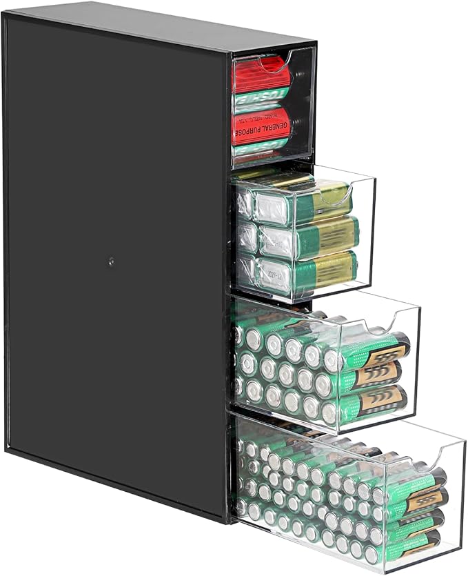 BTSKY 1 Pack Black Acrylic Battery Storage Organizer for AA, AAA, 9V, C Batteries, 4-Drawer Storage Box Battery Holder Organizer for Common Types Batteries, Household Container(Batteries Not Included)