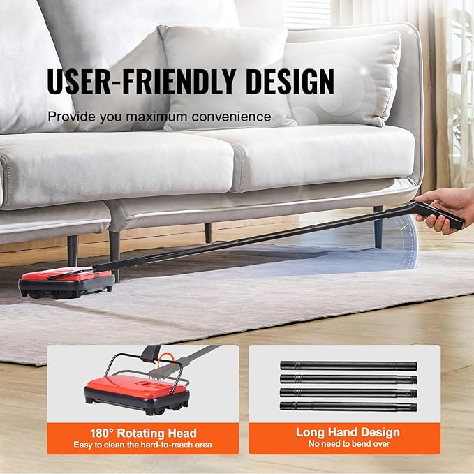 Happybuy Red Manual Carpet Sweeper - 300ml Dustbin, 6.7" Cleaning Width for Pet Hair & Dust on Carpets & Hard Floors, No Power Needed