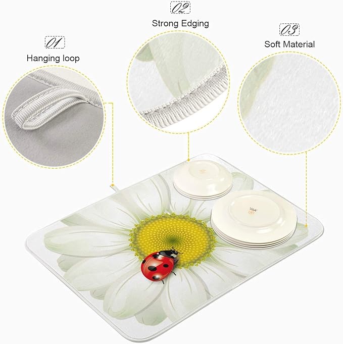Tarity White Daisy Dish Drying Mat for Kitchen Counter Absorbent Heat Resistant Microfiber Dishes Drainer Mat 18x24 in Dish Pad Sink Mat Protective Pad Kitchen Decor