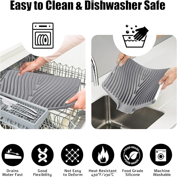 Dish Drying Mat, Stone Drying Mat for Kitchen Counter with Built-in Drain, Non-Slip Drying Matt Kitchen Counter, Heat Resistant Silicone Drying Mat, Dish Drying Pad, 2 Pcs(Grey 20" x 15")