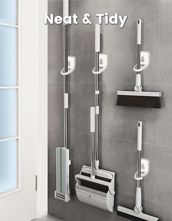 Broom Holder Wall Mount Self Adhesive, Broom and Mop Organizer Wall Hanging, No Drilling Anti-Slip Broom Hook Over Door for Home, Kitchen, Garden, Garage Storage 5-Pack