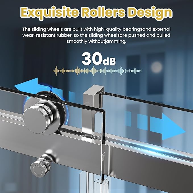 Shower Door 68–72in W x 76 in H, 3/8" Tempered Glass Sliding Shower Door, Frameless Chrome, Soft-Close with Buffer, Reversible Installation for Modern Bathroom