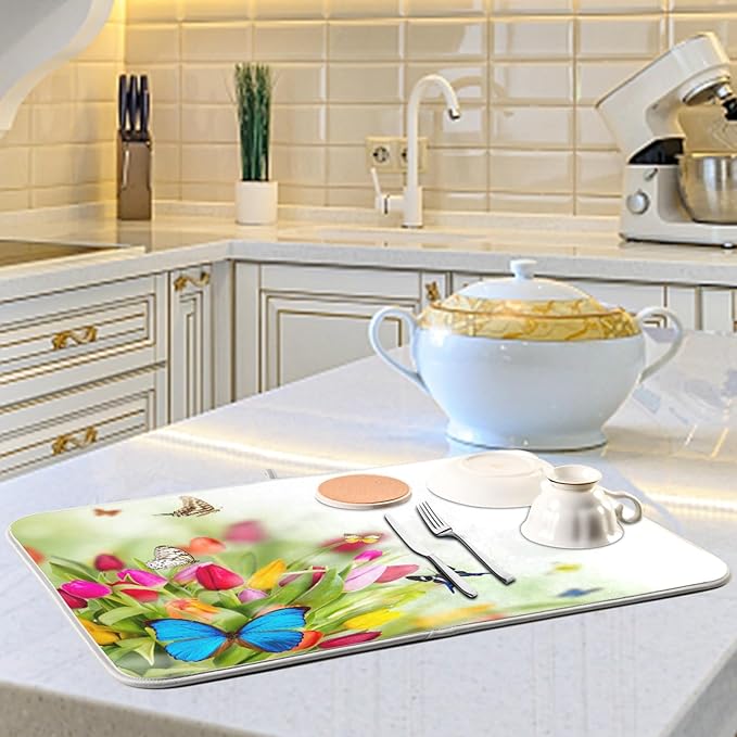 Tarity Colorful Tulip Butterfly Dish Drying Mat for Kitchen Counter Absorbent Heat Resistant Microfiber Dishes Drainer Mat 16x18 in Dish Pad Sink Mat Protective Pad Kitchen Decor