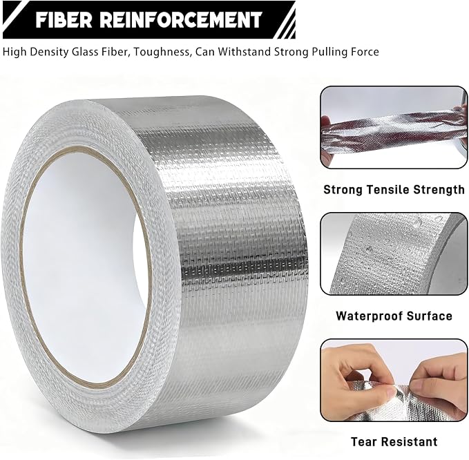 2" x 66 Ft Aluminum Foil Tape, 5.91 mil - Heavy Duty Heat Shield & Thermal Insulation Fiberglass Tape for HVAC Ductwork, Metal Ducts, Dryer Vents, AC Pipes, Exhaust Repair