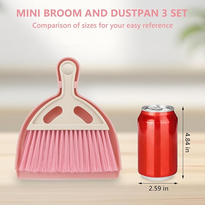Mini Dustpan and Brush Set Portable Small Broom with Dust Pan Handheld Hangable Whisk Broom and Dust pan for Home, Kitchen, Table, Office, Car 3Pcs (Blue-Green-Pink)