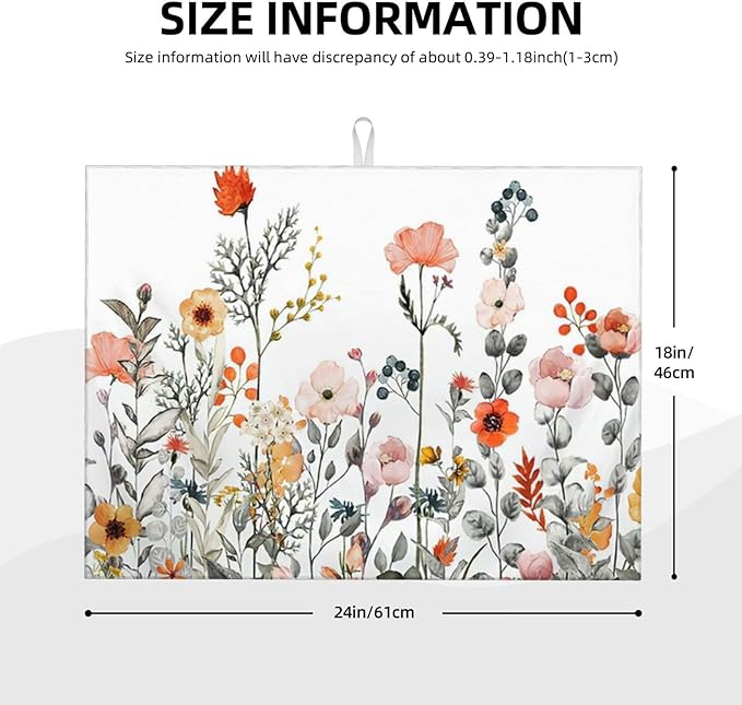 Colorful Wildflowers Dish Drying Mat 18x24 inches Microfiber Absorbent Fast Dry Mat for Kitchen Counter Coffee Bar Floral Large Drying Mat Kitchen Decor Gifts (Wildflowers, 18x24 inches)