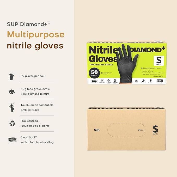 SUPER+ HEAVY DUTY Nitrile Gloves 8 Mil Diamond Texture Disposable Chemical Resistant Powder &Latex Free Food Safe Black 50 Ct