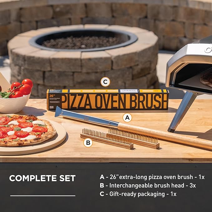 26'' Pizza Oven Brush with Stone Scraper - Includes 3 Brush Heads, Heat-Resistant Gold Stainless Steel Bristles - Long Grip Handle, Compatible with Ooni, Gozney, Blackstone, Solo Stove Ovens