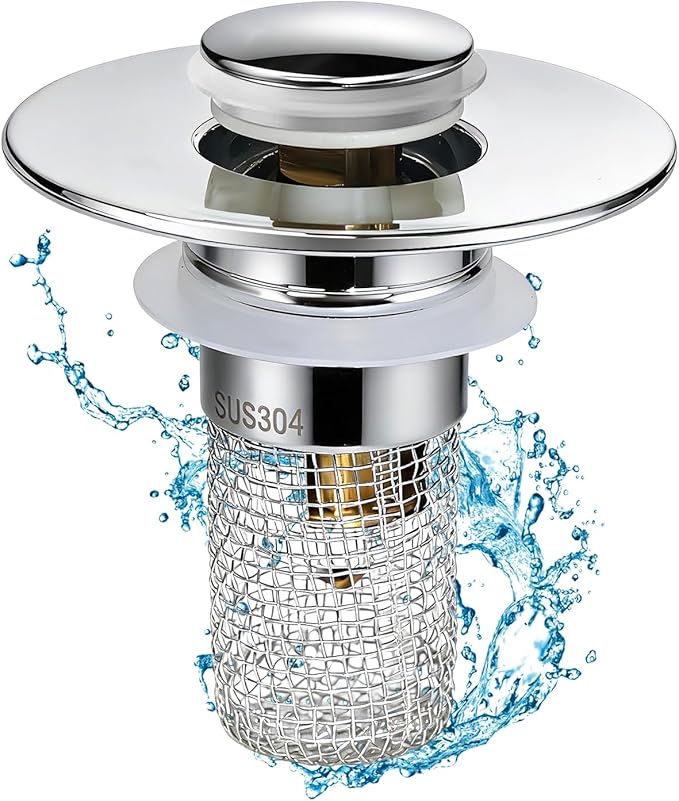 Universal Bathroom Sink Stopper & Hair Catcher, Stainless Steel Drain Filter Strainer, Anti-Clog Pop Up Drain Stopper for US Standard Bathroom Sinks (1PCS)