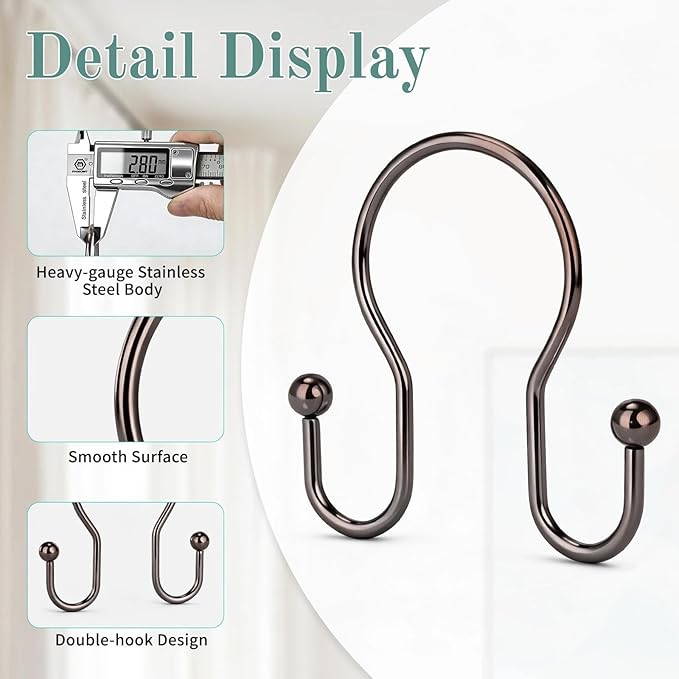 Goowin Shower Curtain Hooks, 12 Pcs Shower Curtain Rings, Stainless Steel Shower Curtain Hangers, Metal Shower Curtain Hooks Rings Rust Proof, Minimalist Shower Hooks for Shower Curtain, Bronze