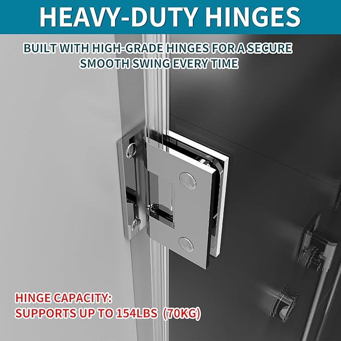 Framelss Hinged Shower Door, 34" W x 76" H Single Swing Pivot Shower Door, 3/8" (10mm) Tempered Glass with Nano Coating, Stainless Handle, Glass Door for Walk-in Shower - Bright Chrome