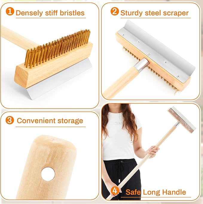 2 Pack 37 Inch Wood Handle Pizza Oven Brush with Scraper Outdoor Pizza Oven Cleaning Brush Tool, Aluminum Threaded Tip, Brass Bristles with Steel Scraper