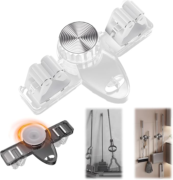 Broom Holder Mop Hanger Wall Mount, No Drill Suction Cup Mop and Broom Organizer with Hooks, Space Saving Adjustable Rack Removable Mop Clip for Bathroom, Kitchen, Garage, Laundry Room (White)