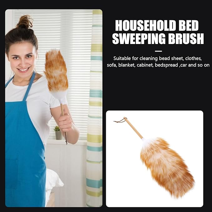 Wood Handle Wool Duster Soft Household Dust Cleaning Tool for Furniture and Car, White Lambswool with Sturdy Handle, Suitable for Home and Office Cleaning Random Color