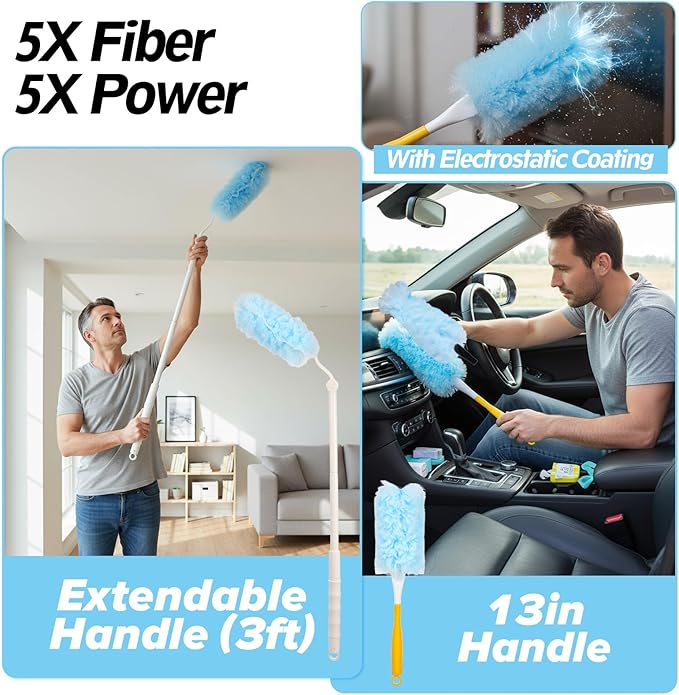 52 PCS Disposable Duster Refills, Heavy Duty Duster Refills Kit with 2 Handles - 360 Degree Electrostatic Cleaning System for Furniture Blinds Electronics
