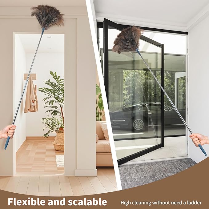 Ostrich Feather Duster with Extension Pole for Cleaning - 80 in Fluffy Natural Genuine Ostrich Feathers with Handle Reusable Handheld Ostrich Feather (Gray)
