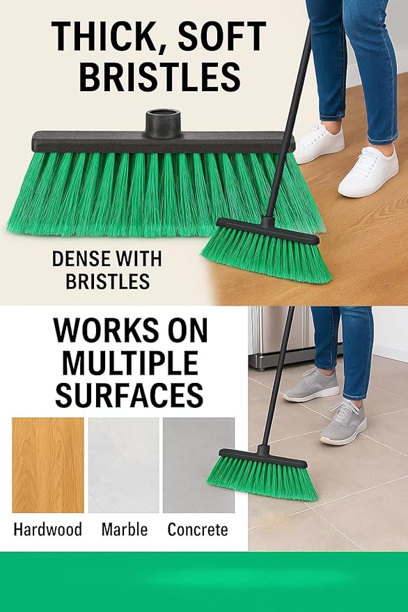 LUZIA Green 14" Premium Broom Head – Long Flagged Bristles – Gentle Deep Sweep – Universal 7/8" Thread – Recycled PP – Handle Not Included (Green, LUZIA)