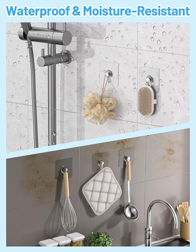 12 Pcs Picture Hangers without Nails, 20 Ibs Load Heavy Duty Self Picture Hanging Hooks for Hanging, Waterproof Adhesive Picture Hooks for Bathroom Kitchen, Transparent Sticky Hooks for Frames