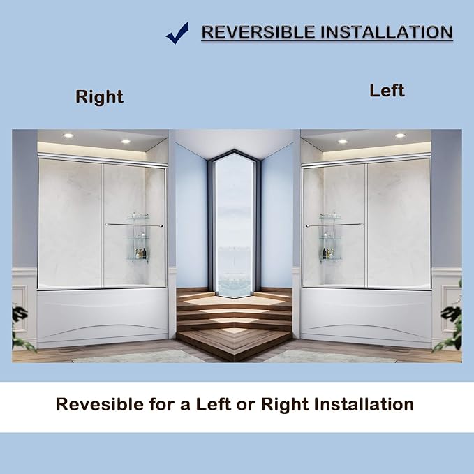 SUNNY SHOWER Bathtub Door Double Glass Sliding Shower Tub Door 60" W x 57.4" H Semi-Frameless 1/4" Clear Glass Shower Enclosure Doors for Bathroom, Chrome Finish