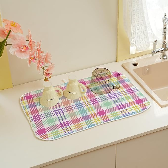 Easter Checkered Dish Drying Mats 18x24 Inch Colorful Buffalo Plaid Drying Mats Gingham Spring Holiday Seasonal Dish Drying Pad Dish Rack Drainer Mats for Kitchen Dining Room Counter Decor