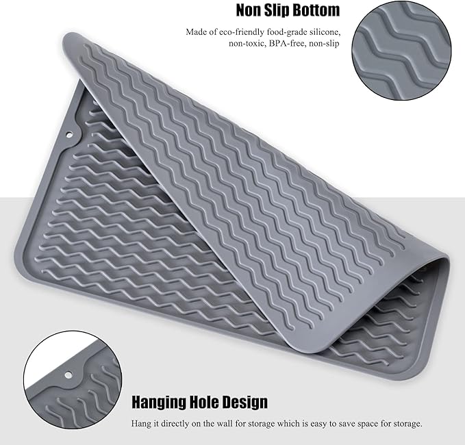 Silicone Dish Drying Mat for Multiple Usage, Easy clean, Eco-friendly, Heat-resistant Dish Drainer Mat for Kitchen Counter,Sink,Refrigerator or Drawer liner (18" x 16", White)