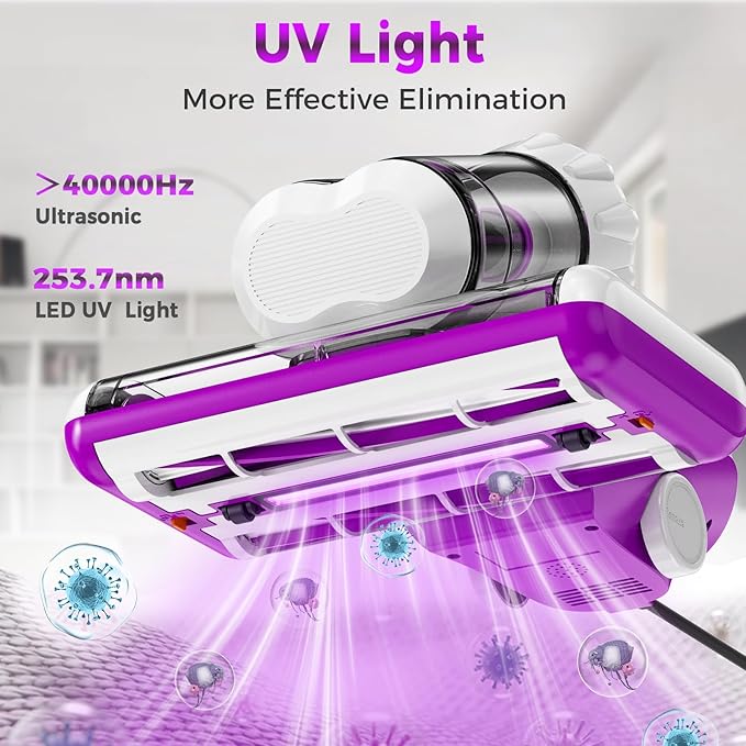 winterbear Mattress Vacuum Cleaner, 17Kpa Suction 500W High Power Handheld Roller-Type Bed Vacuum Cleaner with U-V-C Light & High Heating & Ultrasonic Tech, 2 * 30000Rpm Brush Rolls, Corded, White