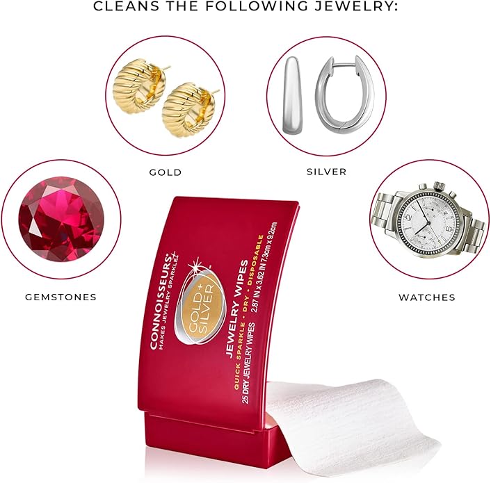 CONNOISSEURS Premium Edition Compact Jewelry Wipes No Rinse Gold and Silver Jewelry Cleaner, Polish and Remove Tarnish to Restore Brilliance, Dry Disposable Wipes, Diamond Dazzle Stik