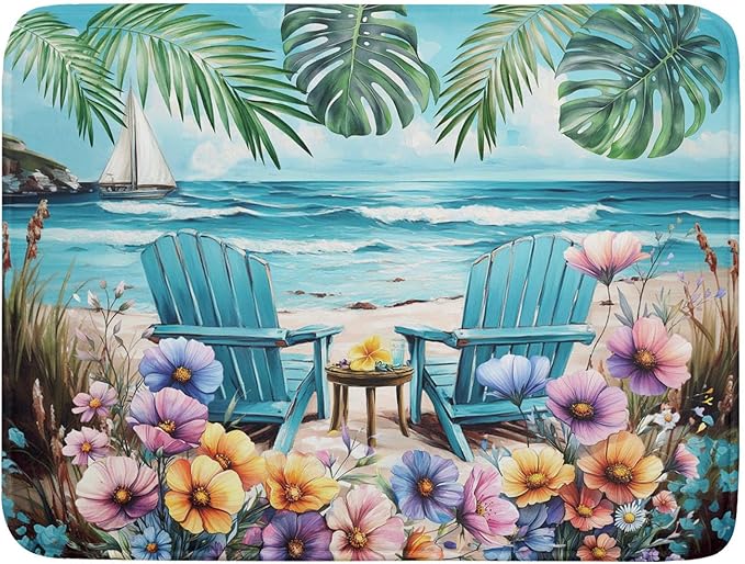 Spring Summer Sea Chair Dish Drying Mat for Kitchen Counter,Coastal Beach Palm Leaf Flowers Drying Mat 18 x 24 Inch with Absorbent Reversible Microfiber Drying Pad for Coffee Bar