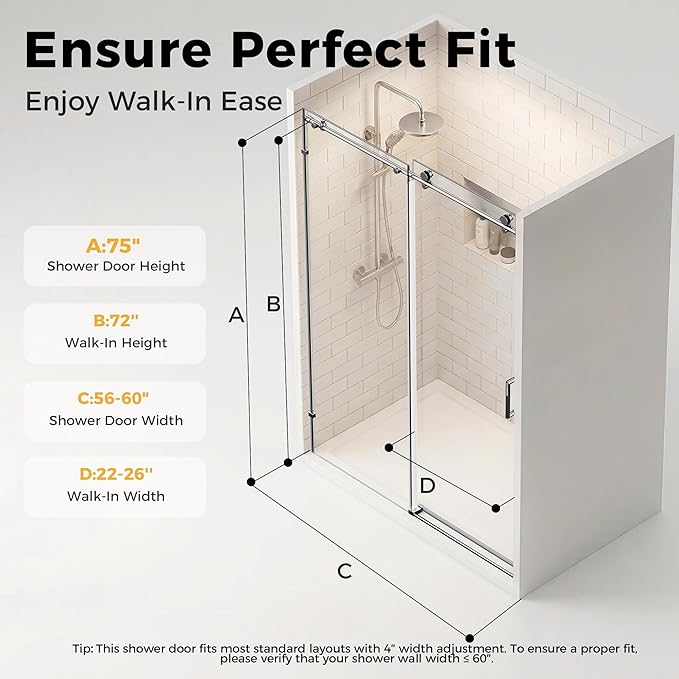 56-60" W x 75" H Frameless Shower Door, Magnetic Sliding Glass Shower Door, 5/16"(8mm) Tempered Glass, Leak-Proof Seals, Stainless Steel Hardware, Easy-Clean Nano Coating, Brushed Stainless