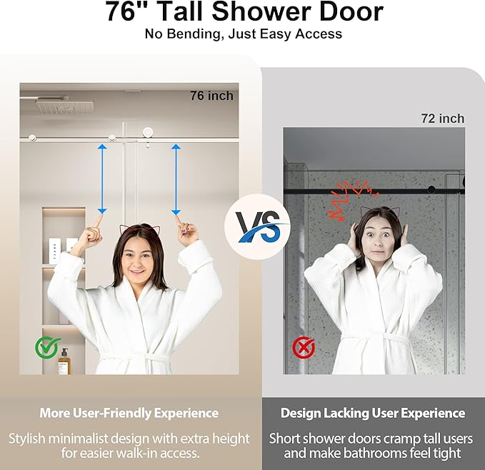 49-54” W x 76" H Single Sliding Shower Door, Frameless Shower Door with Explosion-Proof Film and Nano Coating, 1/4” (6MM) SGCC Tempered Glass, Stainless Steel Hardware, Chrome