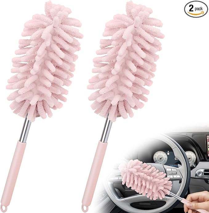2 PCS Car Interior Duster with Extension Pole, Microfiber Car Duster with Bendable Head, Cars Dusters Exterior&Interior Scratch Free, for Cleaning of Vehicle Details, Offices, Windows(Pink)