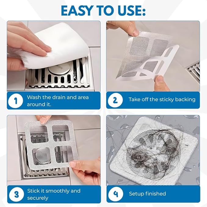 50 Pack Premium Disposable Shower Drain Hair Catcher Stickers – Waterproof Mesh Drain Cover for Shower, Bathtub, Bathroom, Kitchen Sink & Laundry, Easy Peel & Stick Hair Stopper for Human & Pet Hair