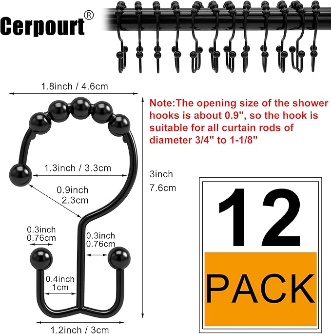 Shower Curtain Hooks, 12 Pcs Rustproof Metal Shower Curtain Rings,Free Sliding Double Shower Hooks for Shower Curtain & Liners, Shower Curtain Hangers for Bathroom Shower Curtain Rods Curtains (Black)