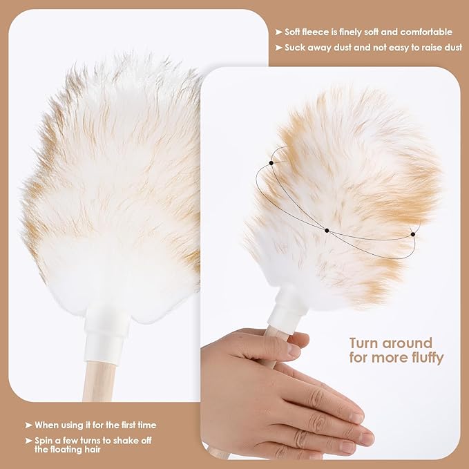 Lambswool Duster Solid Wooden Handle Lamb Wool Duster Feather Dusters for Cleaning Ceiling Fan Window Blinds Furniture Figurines Car, 13 in