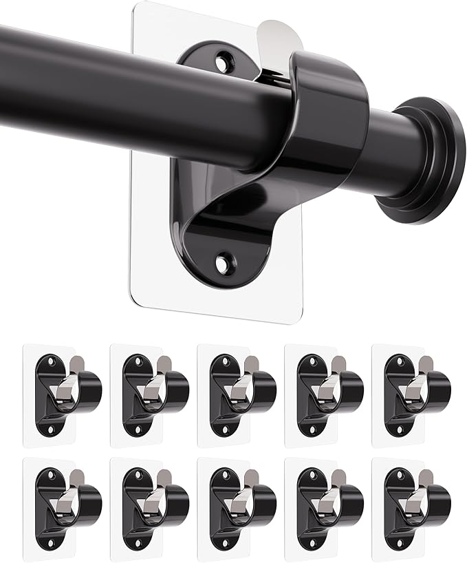 ANDGOO 10 Pack No Drill Curtain Rod Brackets, Renter Friendly Self Adhesive Curtain Rod Holders, Heavy Duty No Drilling Curtain Rod Hooks for Apartment Bedroom Bathroom Dorm Classroom Kitchen (Black)