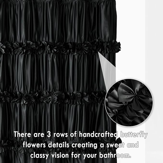 Black Ruffle Shower Curtain, Vintage Handcrafted Bow Tie Bath Curtain for Master Bathroom, Ruched Satin Bathroom Curtain with 12 Buttonholes, 72" W x 72" H (LQ-10)